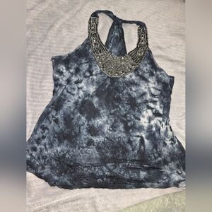 Tie-Dye Sleeveless Top with Embellished Neckline